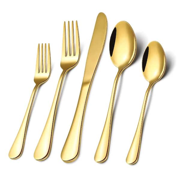40 Piece Stainless Steel Flatware Set for 8 with Titanium Golden Plating, Dishwasher Safe