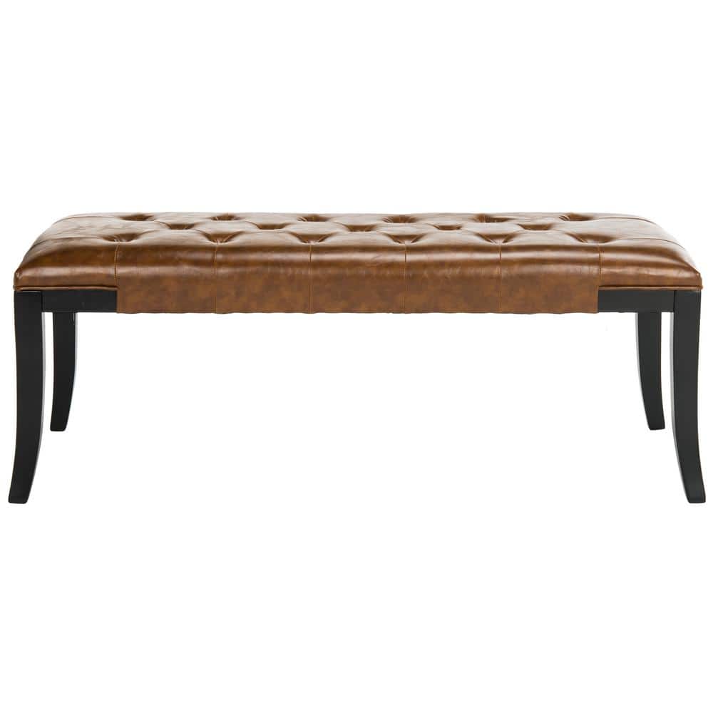 Saddle Leather and Black Beech Wood Tufted Bench