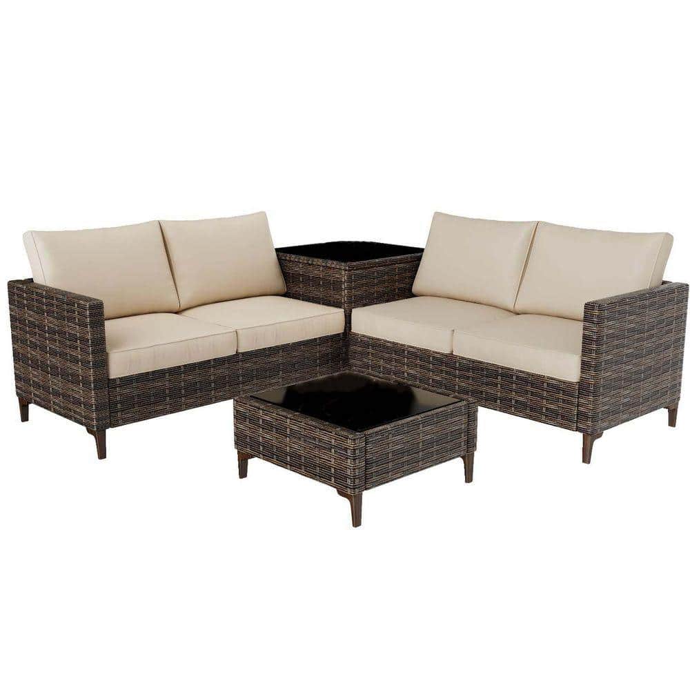 Patio Sectional Brown Wicker 4-Piece, Outdoor Sectional Set, with Cushion in Gray, Coffee Table, Storage price history on PriceWatchPro