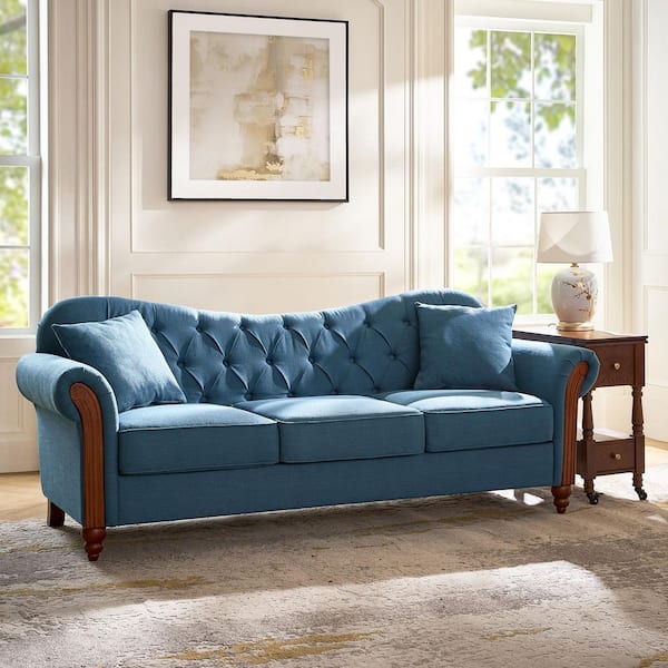 Elisa 83 in. Flared Arms Polyester Square Traditional Tufted Sofa in Navy