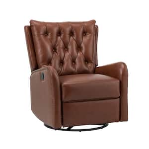 Herbert Brown Genuine Leather Manual Swivel Recliner Nursery Chair with Nailhead Trims