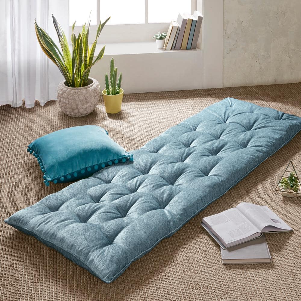 Aqua Blue Chenille Tufted Long Floor Cushion with Travel Wrap