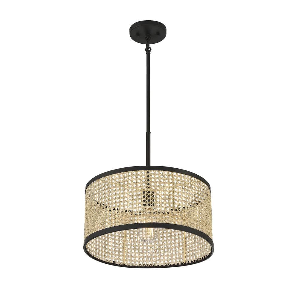 Mid-Century Modern Natural Cane & Matte Black 1-Light Pendant