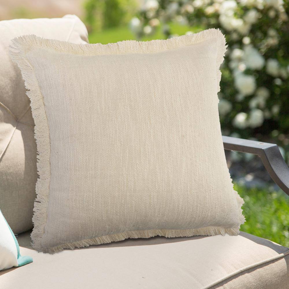 Off-White Cotton 20" Square Fringed Throw Pillow