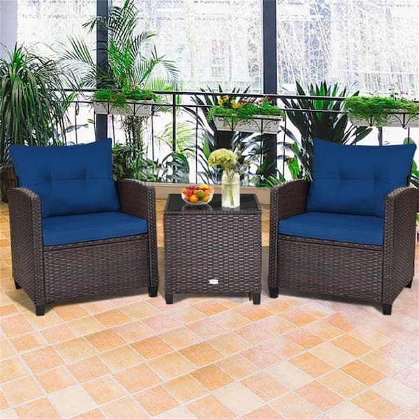 Brown 3-Piece Wicker Outdoor Lounge Chair Without Sunshade with Blue Cushions