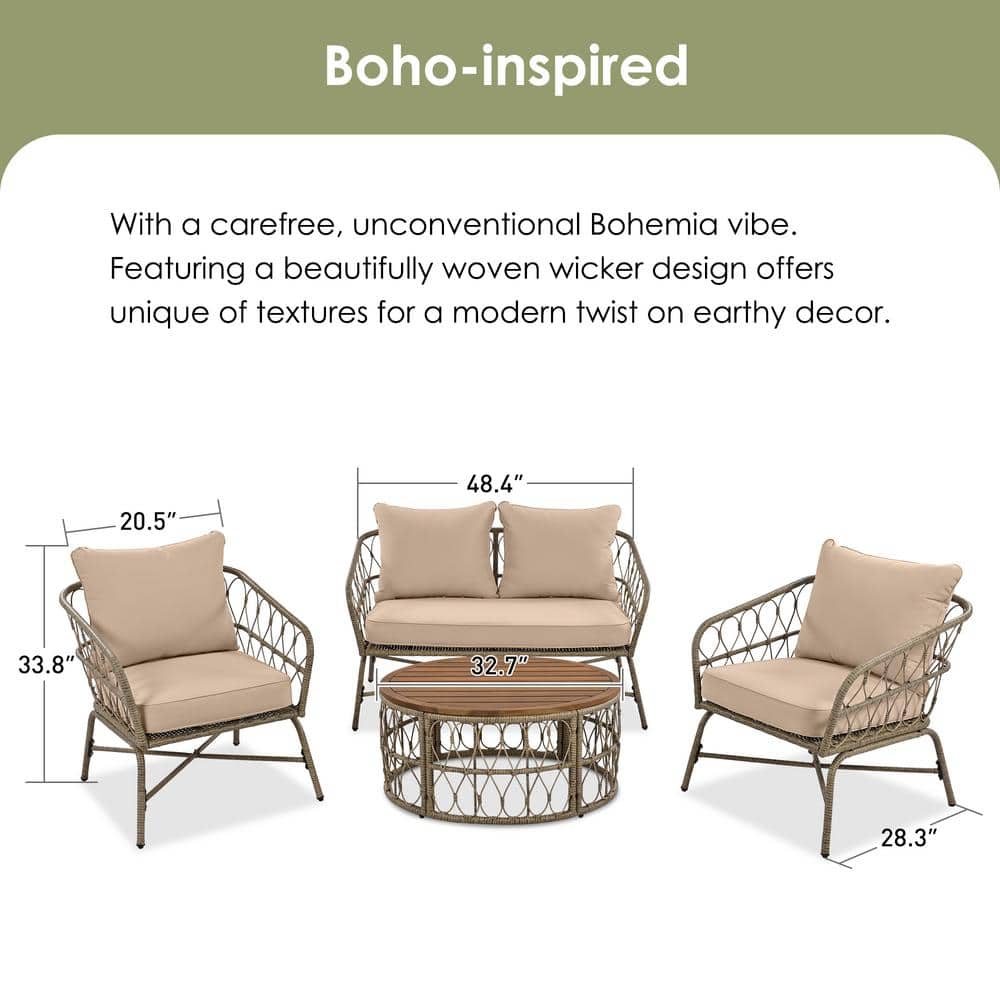 4-Piece Beige Wicker Patio Set with Brown Wood Table