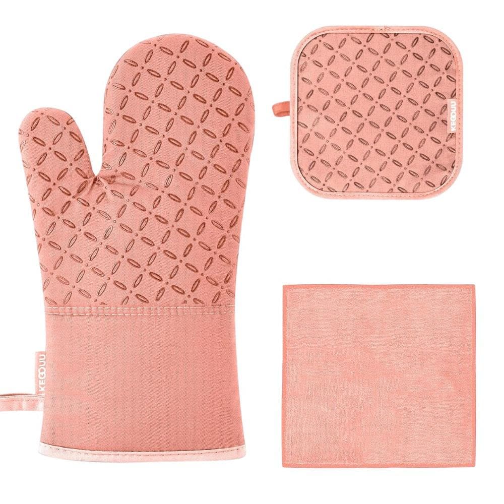 Pink Silicone and Cotton 6-Piece Oven Mitts and Pot Holders Set