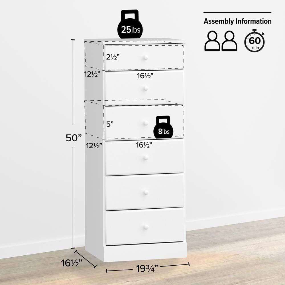 Astrid White 6-Drawer Tall Lingerie Dresser with Solid Wood Knobs