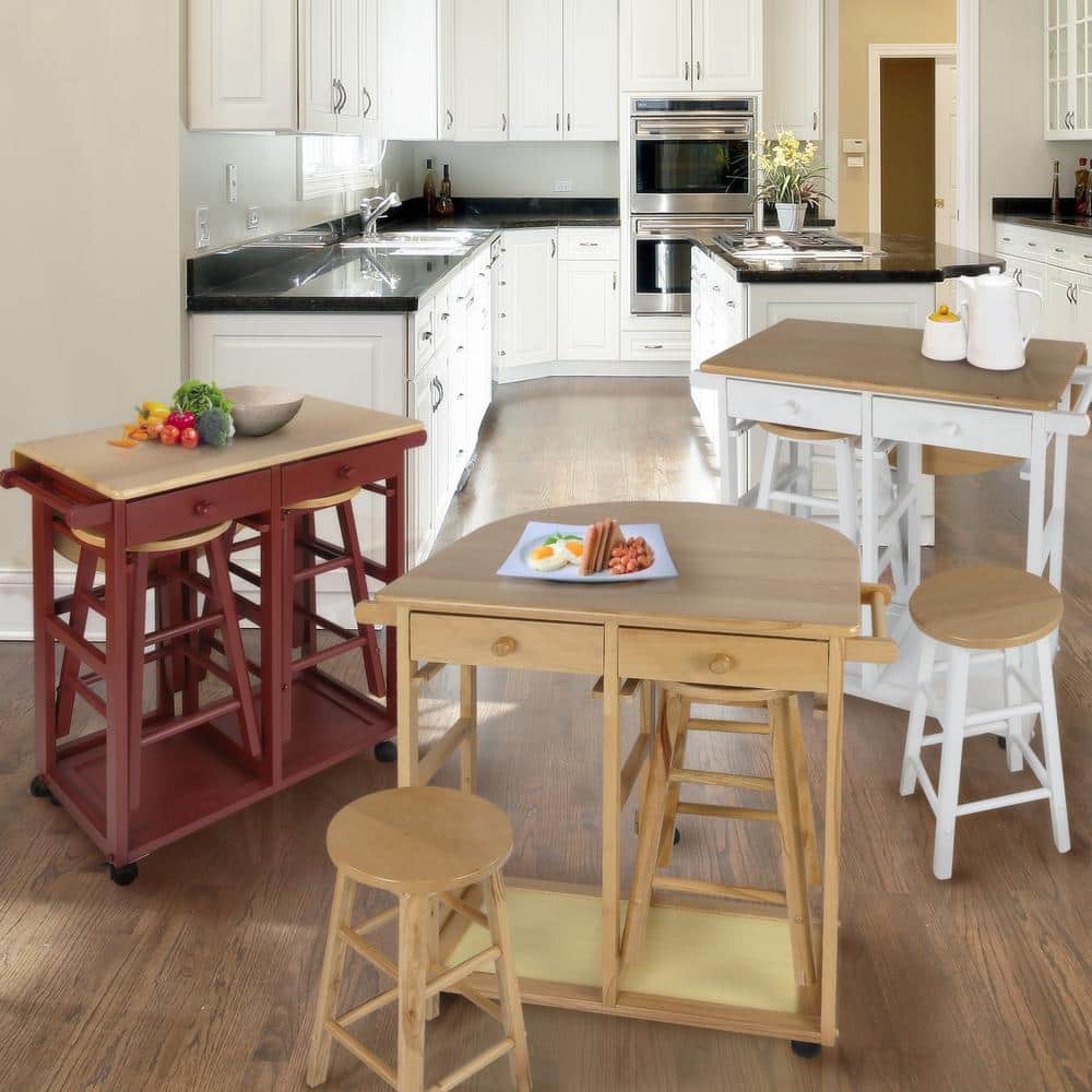 Round Red Butcher Block Kitchen Cart with Drop-Leaf and Storage