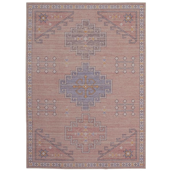 Linon Home Decor Park Emmy Pink and Blue 5 x 7 ft. Traditional Woven Distressed Polyester Rectangle Indoor Area Rug