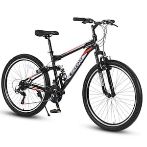 26 in. 21-Speed Adult Bike Front and Rear Shock Absorption, Height Adjustable for Camping Road & Mountain Riding, Black