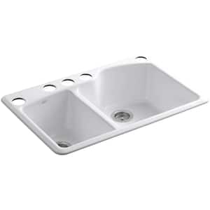 Wheatland Undermount Cast-Iron 33 in. 5-Hole Double Bowl Kitchen Sink in White