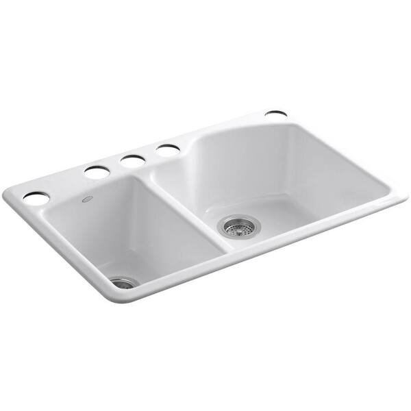 KOHLER Wheatland Undermount Cast-Iron 33 in. 5-Hole Double Bowl Kitchen Sink in White