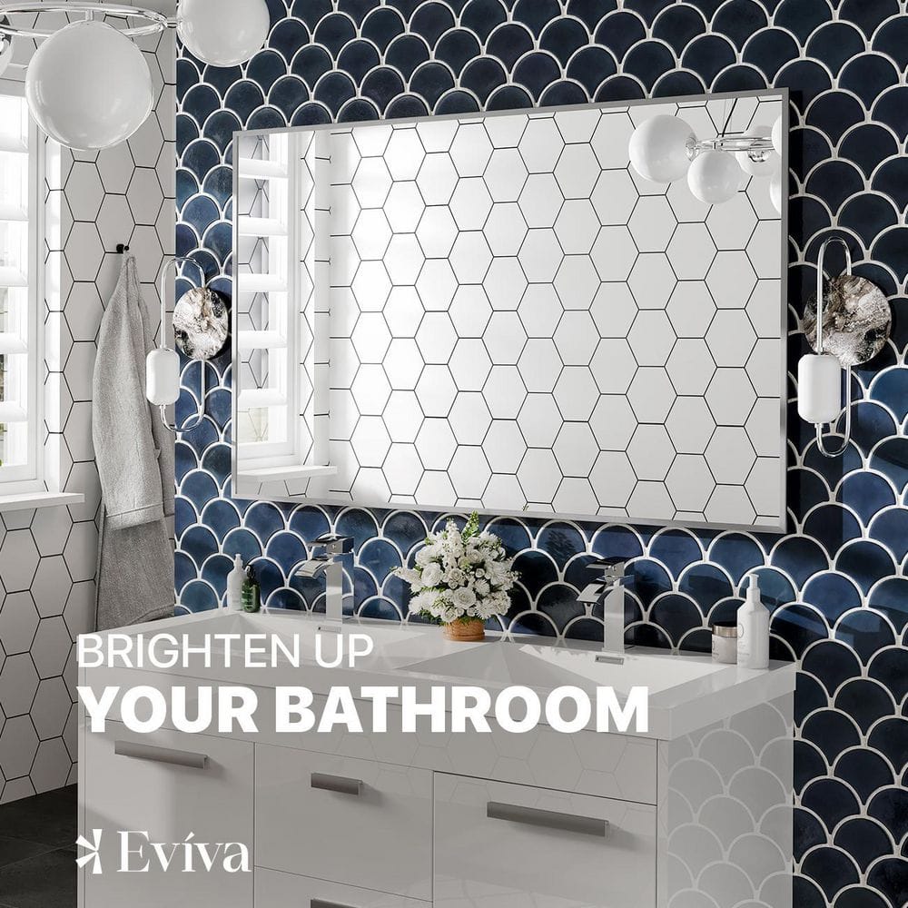 Elegant 48" Brushed Chrome Rectangular Floating Bathroom Vanity Mirror