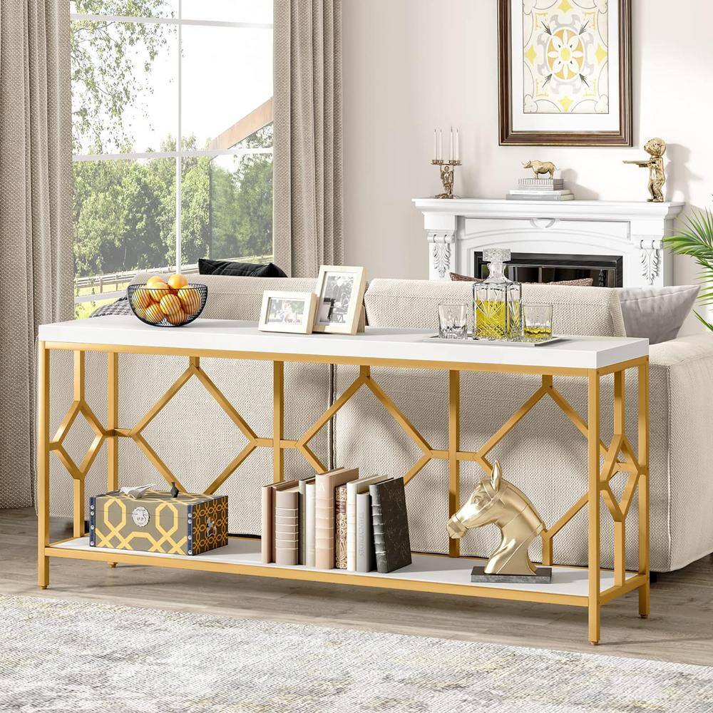 White and Gold 71" Wood and Metal Console Table with Storage