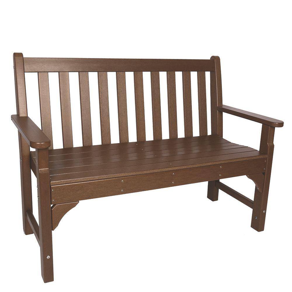 Three-quarter view of a brown 2-person outdoor bench.