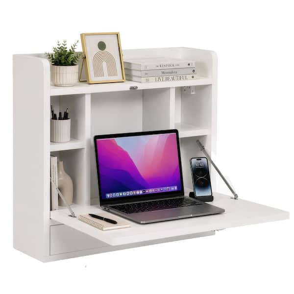 6.75 in. Rectangular White Wood 1-Drawer Laptop Desk With Wall Mount Folding Features