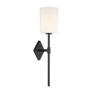 Destin 6 in. W x 22 in. H 1-Light Matte Black Wall Sconce with White Opal Glass Cylindrical Shade