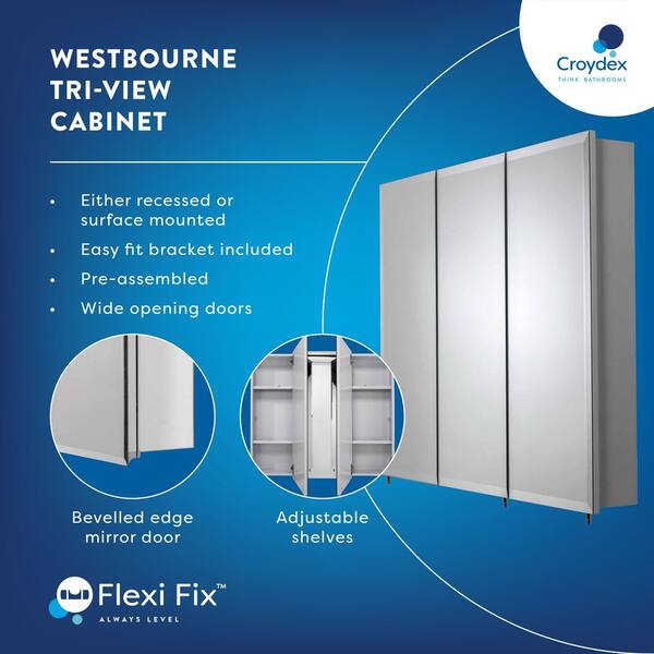 Croydex 36 in. W x 30 in. H x 5-1/4 in. D Frameless Tri-View Surface-Mount Medicine Cabinet with Easy Hang System in White