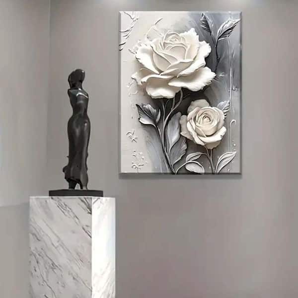 Elegant White Rose Framed Canvas Art, 16 x 12, Modern Black and
