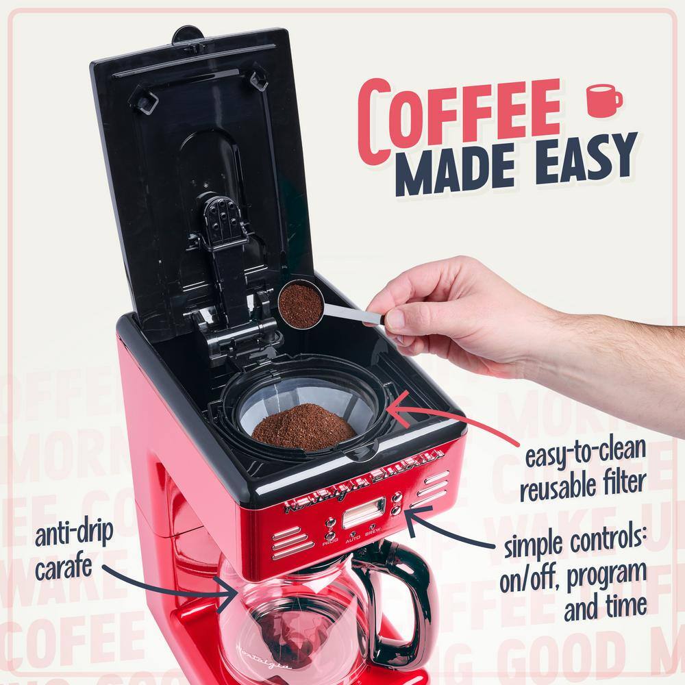 Retro Red 12-Cup Programmable Coffee Maker with LED Display