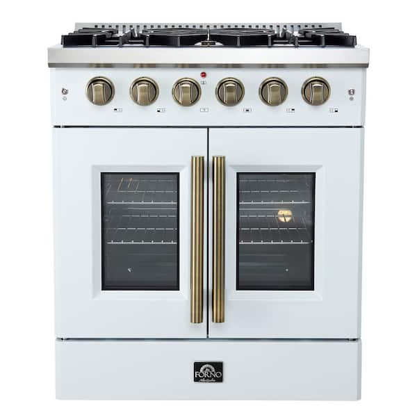Galiano 30 in. French Door Gas Range, White and Antique Brass, 4.32 cu. ft. Convection Oven 5-Burners