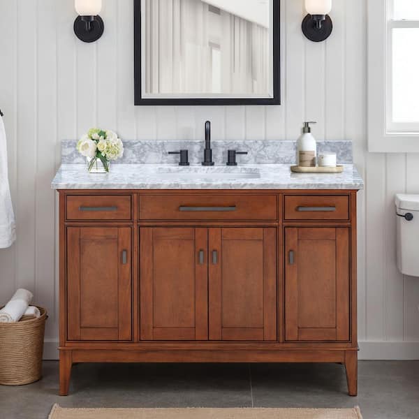 Avanity Madison 49 in. Single Sink Tobacco Bath Vanity with Carrara White Marble Top