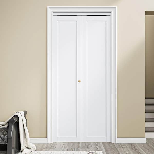 36 in. x 80 in. 1-Lite Panel Solid Core White Primed Composite MDF Closet Bi-fold Door with Handle and Hardware
