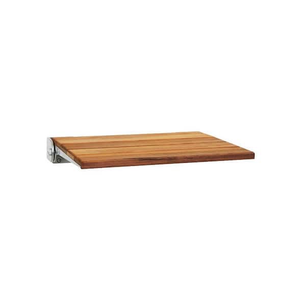 SlimLine Natural Teak Wood Wall Mount Folding Shower Seat Bench with Silver Frame
