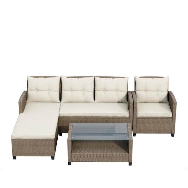 Willit 4-Piece Wicker Patio Conversation Sectional Seating Set with Beige Cushions