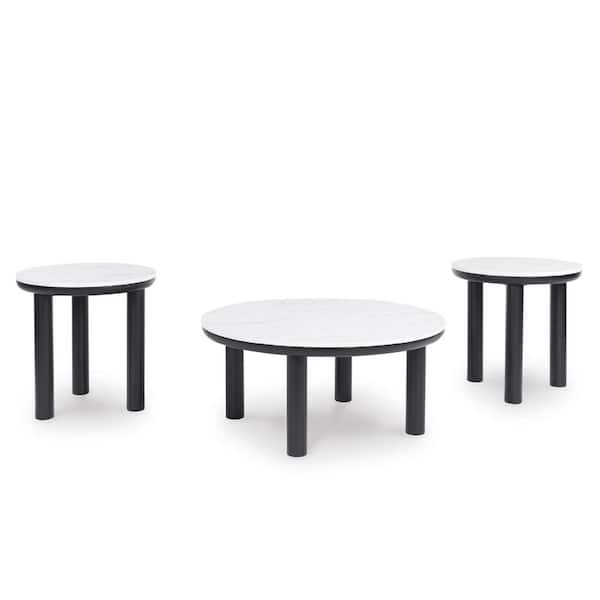 Signature DESIGN BY ASHLEY Xandrum 40 in. White/Black Round Faux Marble Coffee Table (Set of 3)