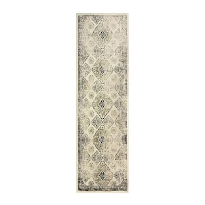 Mayfair Ivory 2 ft. 7 in. x 8 ft. Distressed Damask Area Rug