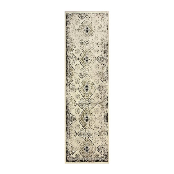 SUPERIOR Mayfair Ivory 2 ft. 7 in. x 8 ft. Distressed Damask Area Rug
