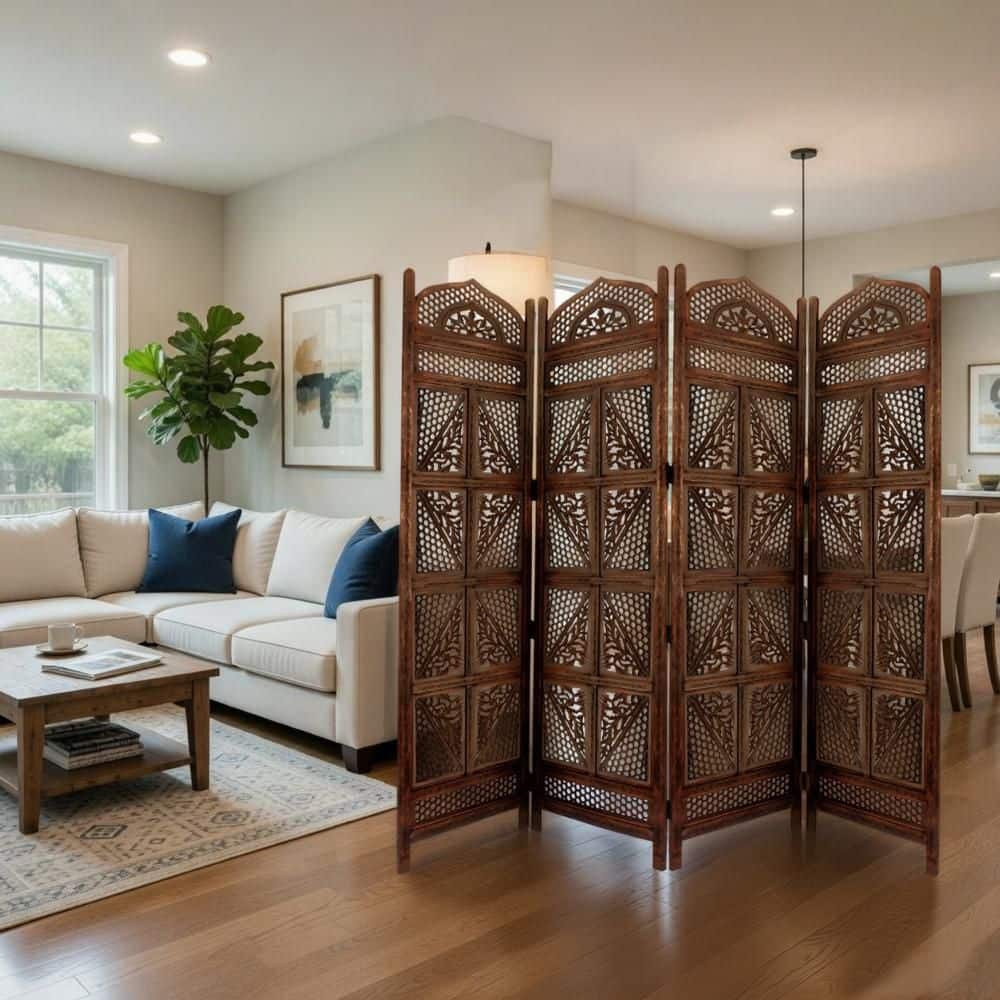 Traditional Four Panel 5 ft 9 in. Antique Brown Wooden Room Divider with Hand Carved Details