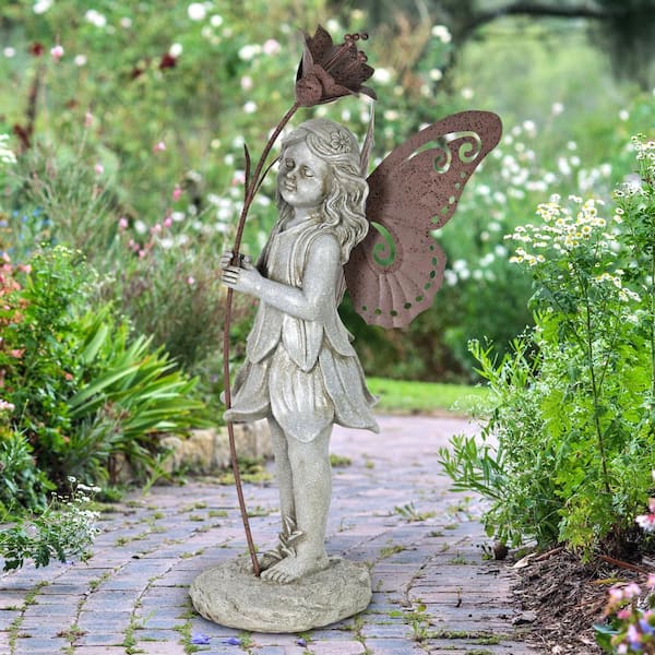 Stone Fairy With Metal Wings, Flower Fairy Garden Statue With Solar Lantern