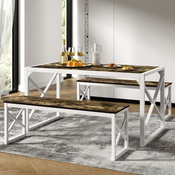 3-Piece Dining Table Set for 6,55'' Kitchen Table with 2 Benches, Industrial Wood and Metal Dinette, Dark Brown MDF Top