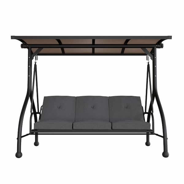 VEIKOUS 3-Person Metal Patio Swing Outdoor with Adjustable Polycarbonate Canopy, Dark Gray
