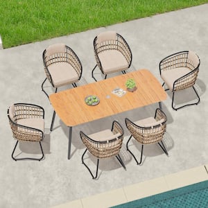 7-Piece Metal 70.9 in. Outdoor Dining Set with Rattan Chairs and Beige Cushions