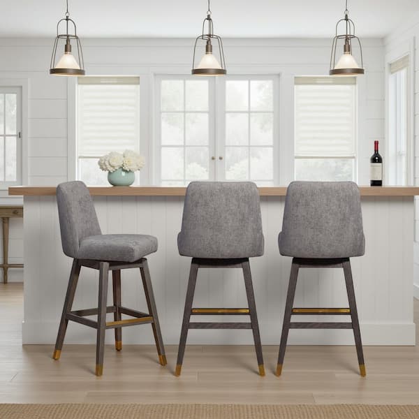 Amelia 30 in. Mocha/Gray Oak High Back Rubberwood Bar Stool with Polyester Seat (Set of 3)