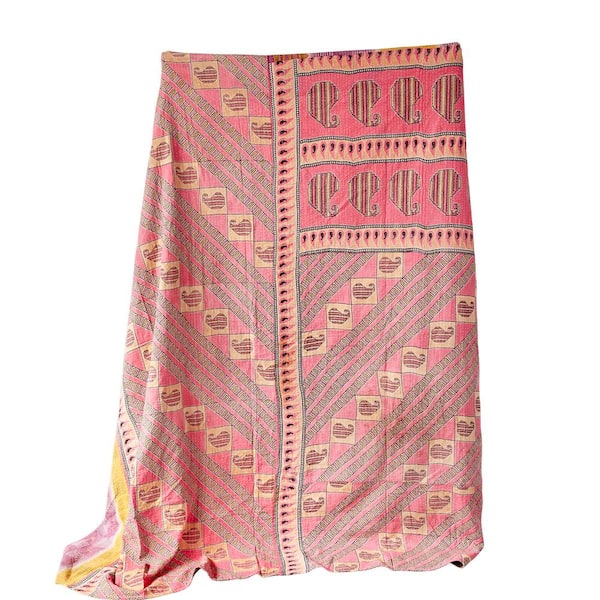 Storied Home Red Soft Cotton Vintage Kantha Quilt Throw Blanket
