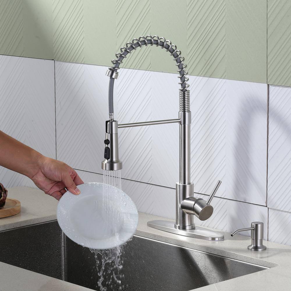 Brushed Nickel Single Handle Pull Down Kitchen Faucet with Soap Dispenser