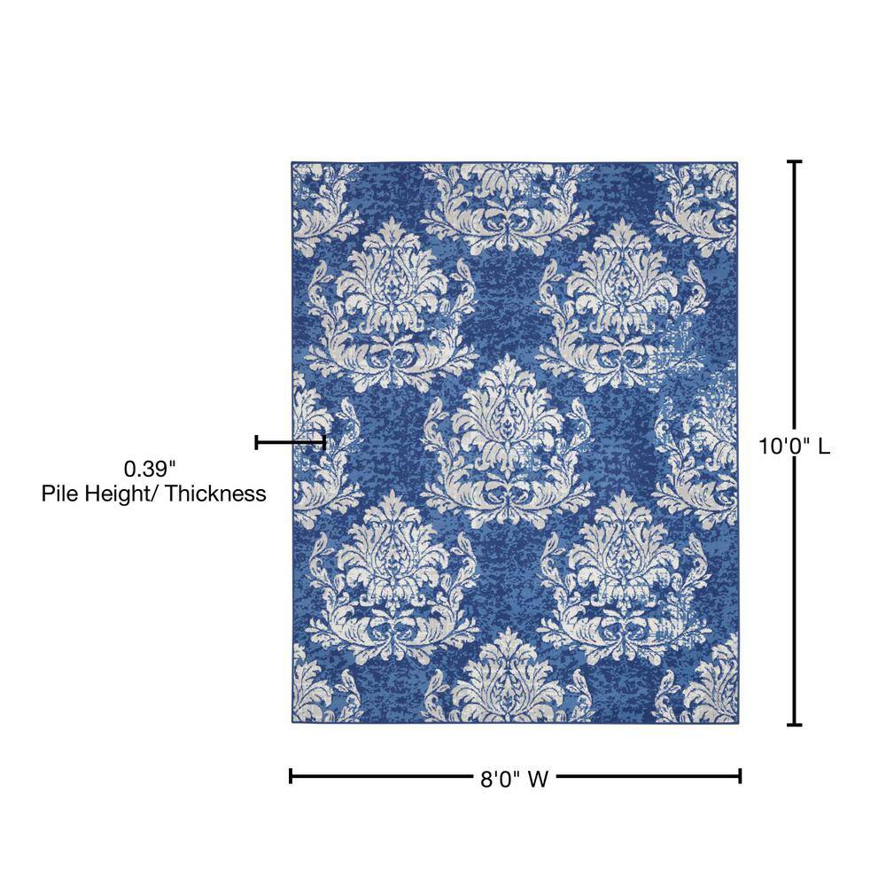 Ivory and Navy Floral Damask 8' x 10' Synthetic Area Rug
