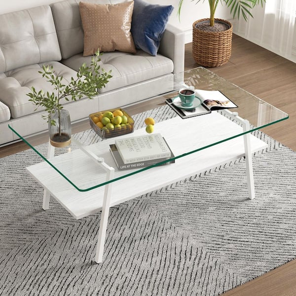 38.58 in. Modern Rectangle Tempered Clear Glass Coffee Table, White Metal Legs & MDF Base for Living Room