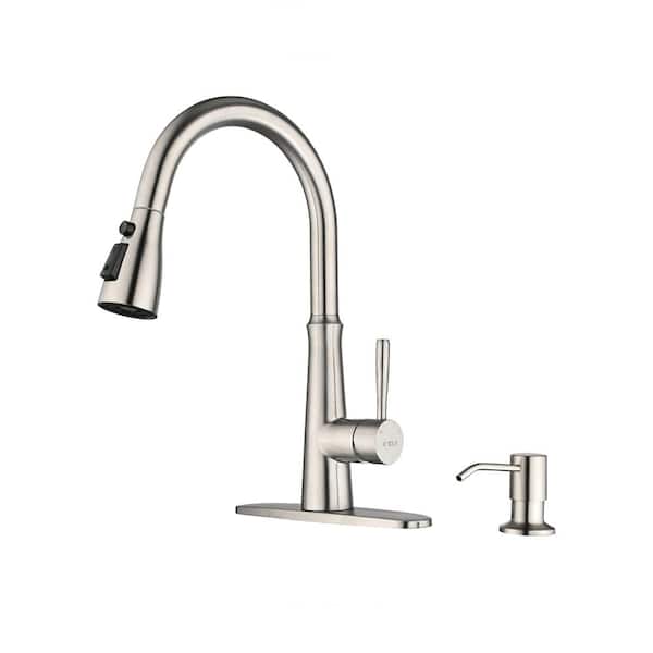 WOWOW Single Handle Pull Down Sprayer Kitchen Faucet with Advanced Spray, Pull Out Spray Wand in Stainless, Brushed Nickel
