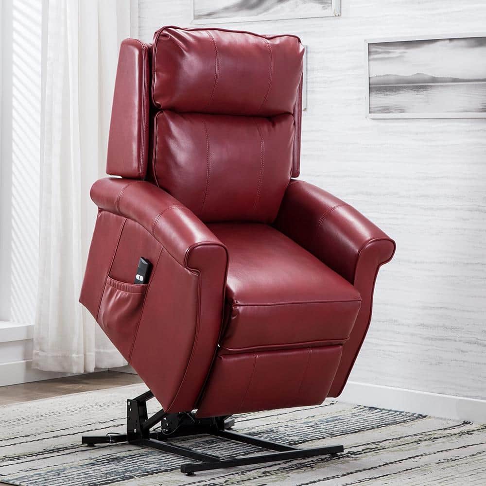 Transitional Red Leather Power Lift Recliner with Wooden Frame