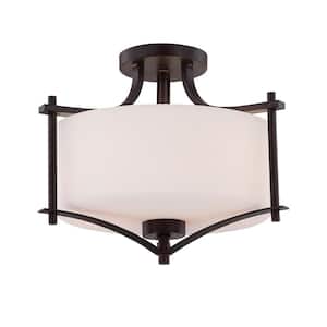 Colton 15 in. W x 12 in. H 2-Light English Bronze Semi-Flush Mount Ceiling Light with White Opal Glass Shade