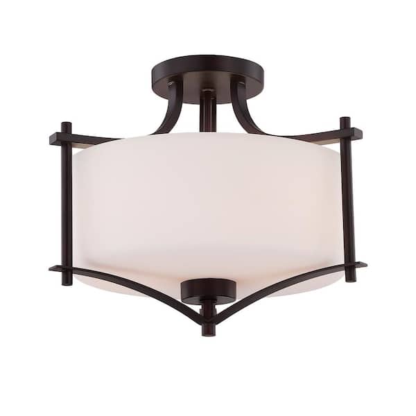 Savoy House Colton 15 in. W x 12 in. H 2-Light English Bronze Semi-Flush Mount Ceiling Light with White Opal Glass Shade