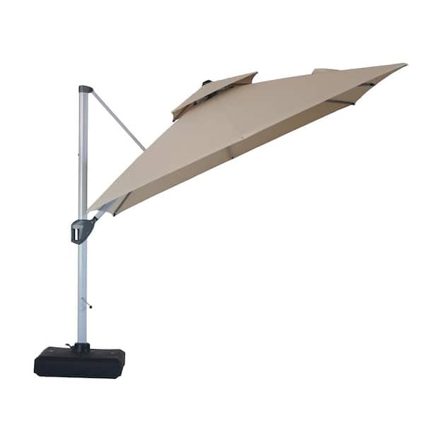 Mondawe 10 ft. Square Aluminum Cantilever Patio Umbrella 360-Degree Rotation, Dual Top, Steel Ribs with Cover and Base in Beige