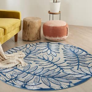 Aloha Ivory/Navy 5 ft. x 5 ft. Round Floral Contemporary Indoor/Outdoor Patio Area Rug