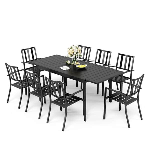 PHI VILLA 9-Piece Metal Outdoor Patio Dining Set with Modern Stackable Chairs